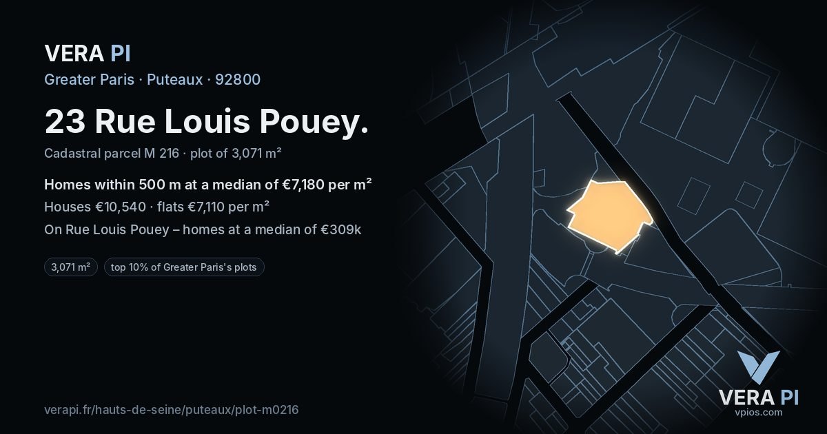 23 Rue Louis Pouey, Puteaux at night – the plot lit, the parcels around coloured by the prices near them