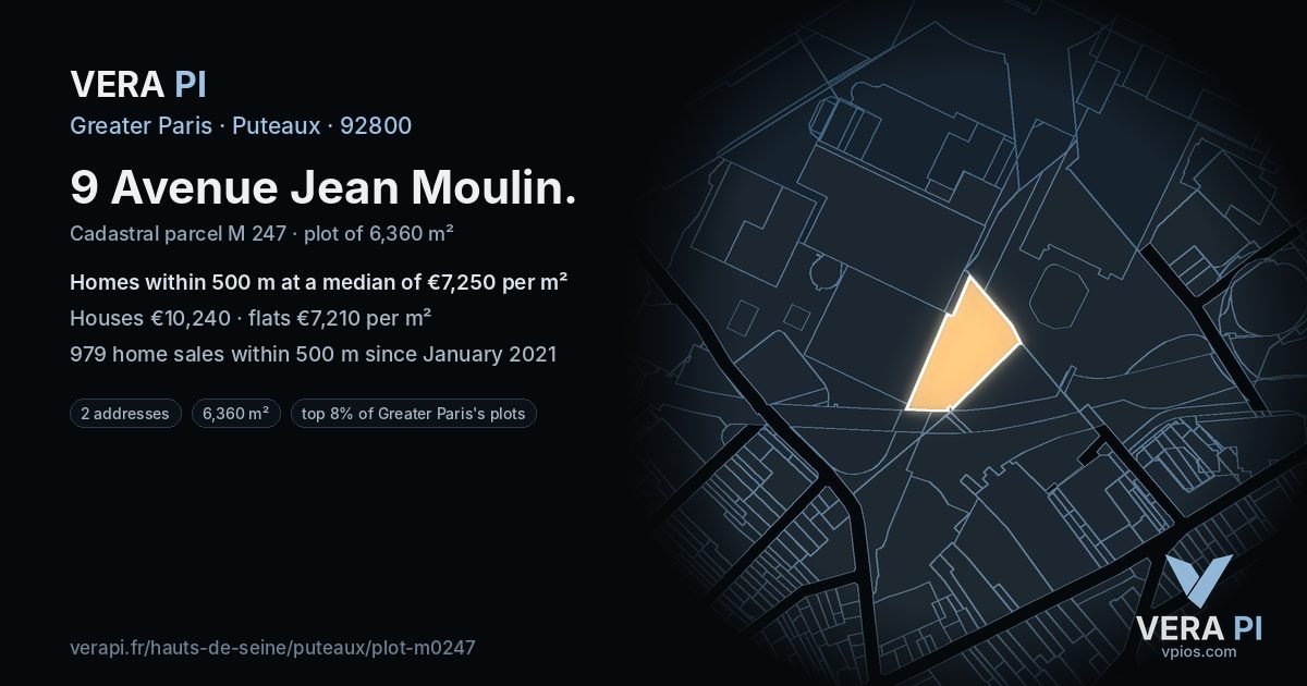 9 Avenue Jean Moulin, Puteaux at night – the plot lit, the parcels around coloured by the prices near them