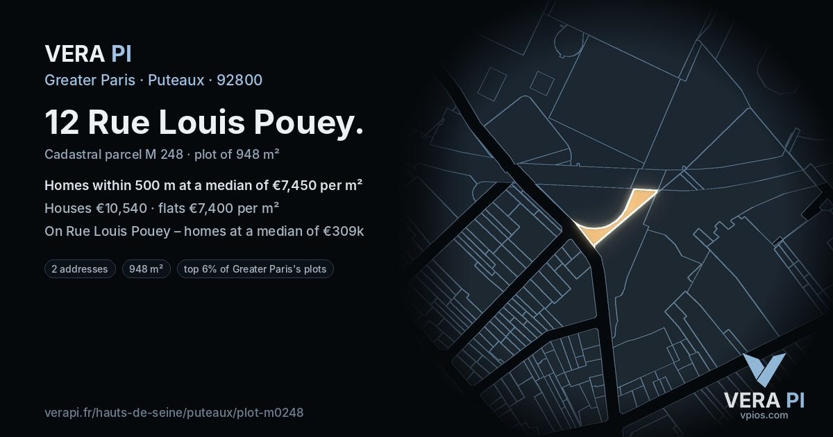 12 Rue Louis Pouey, Puteaux at night – the plot lit, the parcels around coloured by the prices near them