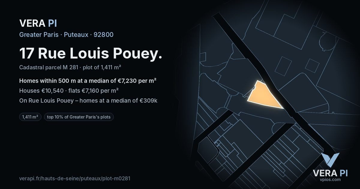 17 Rue Louis Pouey, Puteaux at night – the plot lit, the parcels around coloured by the prices near them