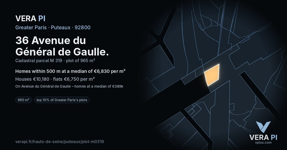 36 Avenue du Général de Gaulle, Puteaux at night – the plot lit, the parcels around coloured by the prices near them