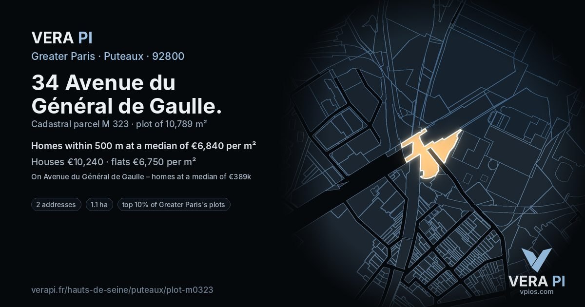 34 Avenue du Général de Gaulle, Puteaux at night – the plot lit, the parcels around coloured by the prices near them