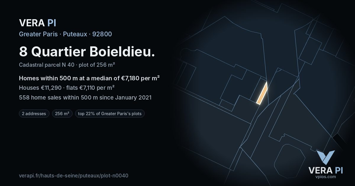 8 Quartier Boieldieu, Puteaux at night – the plot lit, the parcels around coloured by the prices near them