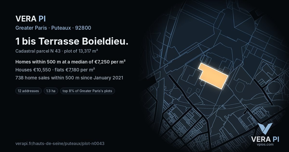 1 bis Terrasse Boieldieu, Puteaux at night – the plot lit, the parcels around coloured by the prices near them