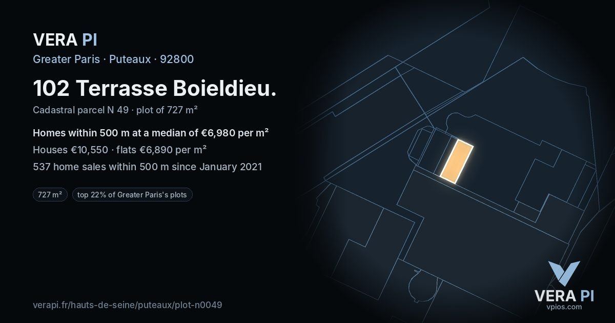 102 Terrasse Boieldieu, Puteaux at night – the plot lit, the parcels around coloured by the prices near them