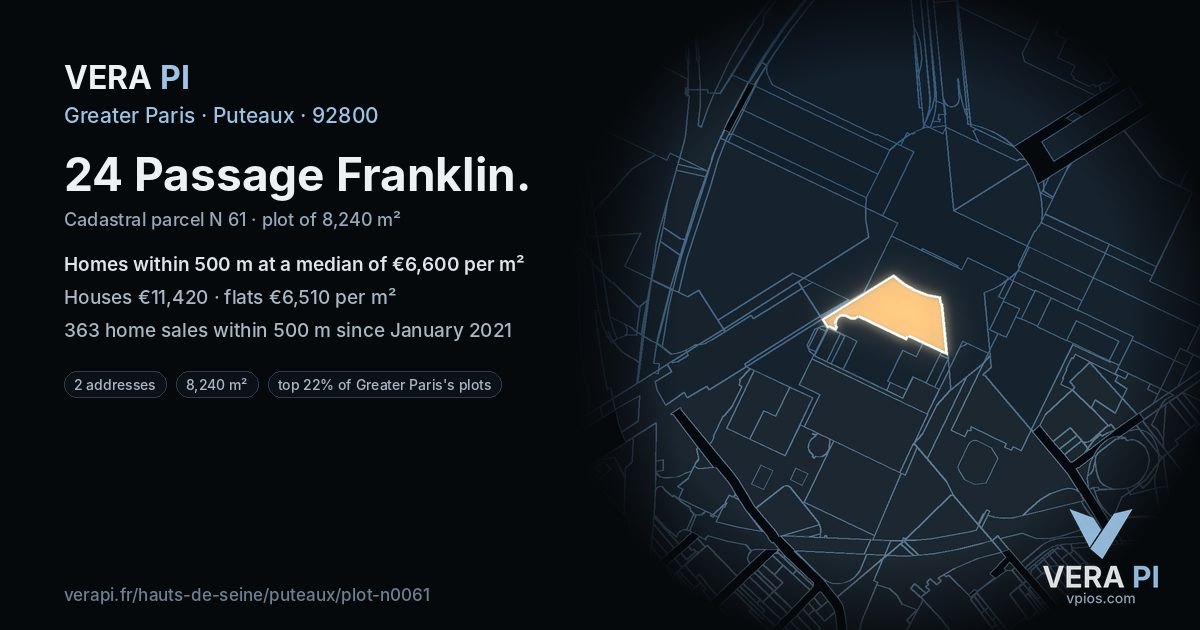 24 Passage Franklin, Puteaux at night – the plot lit, the parcels around coloured by the prices near them