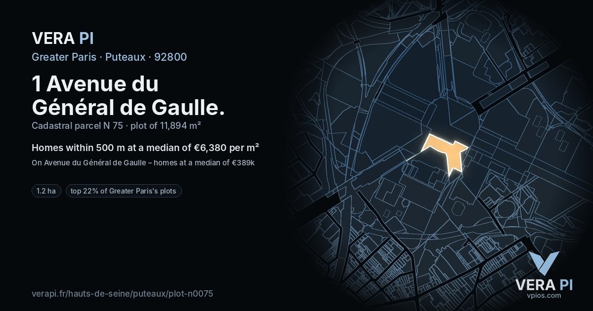 1 Avenue du Général de Gaulle, Puteaux at night – the plot lit, the parcels around coloured by the prices near them