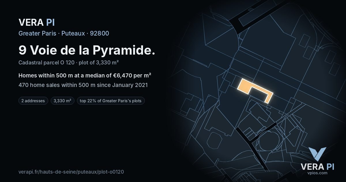 9 Voie de la Pyramide, Puteaux at night – the plot lit, the parcels around coloured by the prices near them
