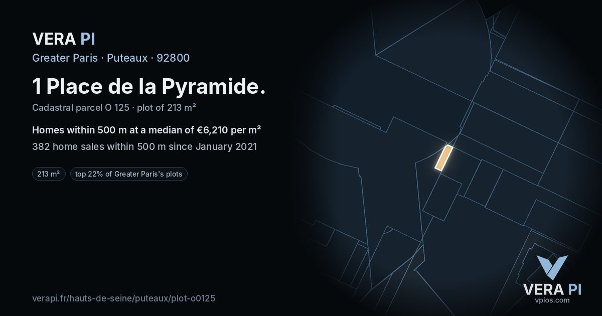 1 Place de la Pyramide, Puteaux at night – the plot lit, the parcels around coloured by the prices near them