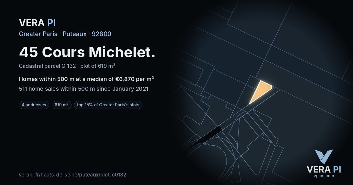 45 Cours Michelet, Puteaux at night – the plot lit, the parcels around coloured by the prices near them
