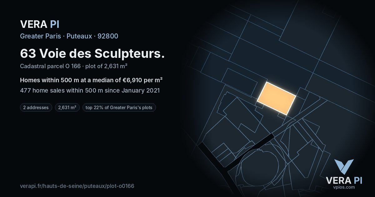63 Voie des Sculpteurs, Puteaux at night – the plot lit, the parcels around coloured by the prices near them