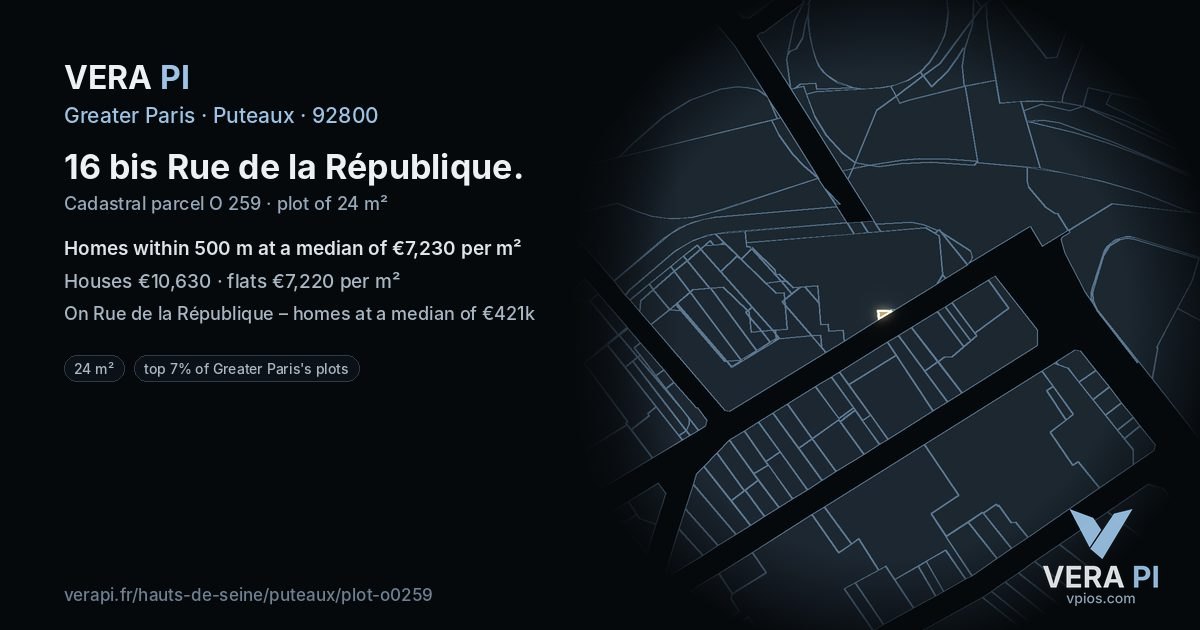 16 bis Rue de la République, Puteaux at night – the plot lit, the parcels around coloured by the prices near them
