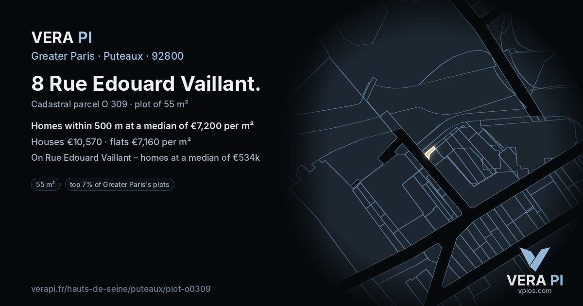 8 Rue Edouard Vaillant, Puteaux at night – the plot lit, the parcels around coloured by the prices near them