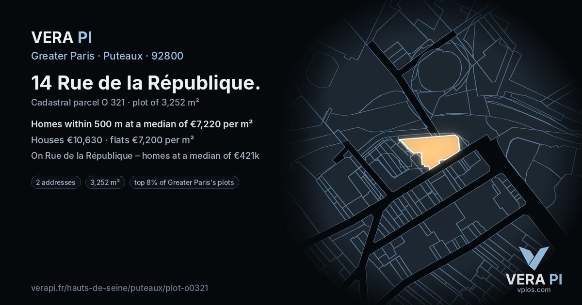 14 Rue de la République, Puteaux at night – the plot lit, the parcels around coloured by the prices near them