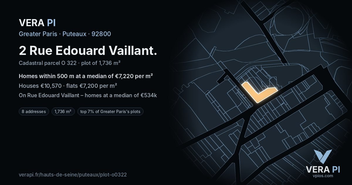 2 Rue Edouard Vaillant, Puteaux at night – the plot lit, the parcels around coloured by the prices near them