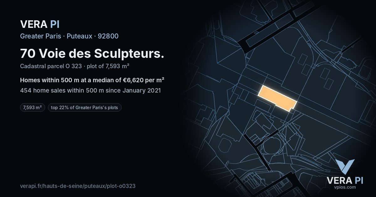 70 Voie des Sculpteurs, Puteaux at night – the plot lit, the parcels around coloured by the prices near them