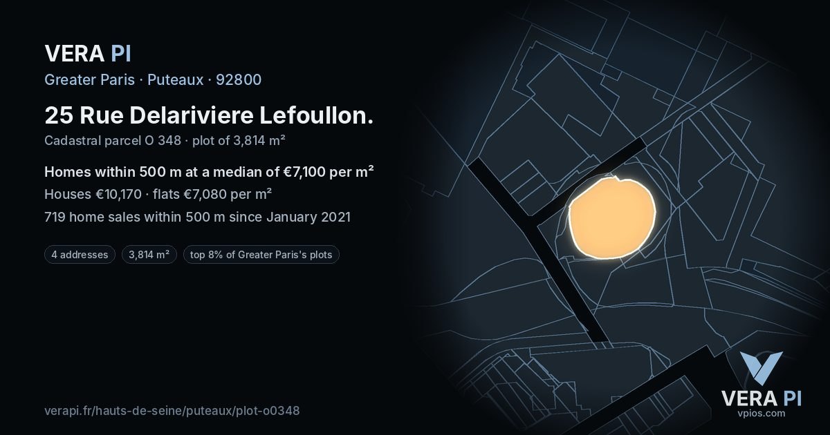 25 Rue Delariviere Lefoullon, Puteaux at night – the plot lit, the parcels around coloured by the prices near them