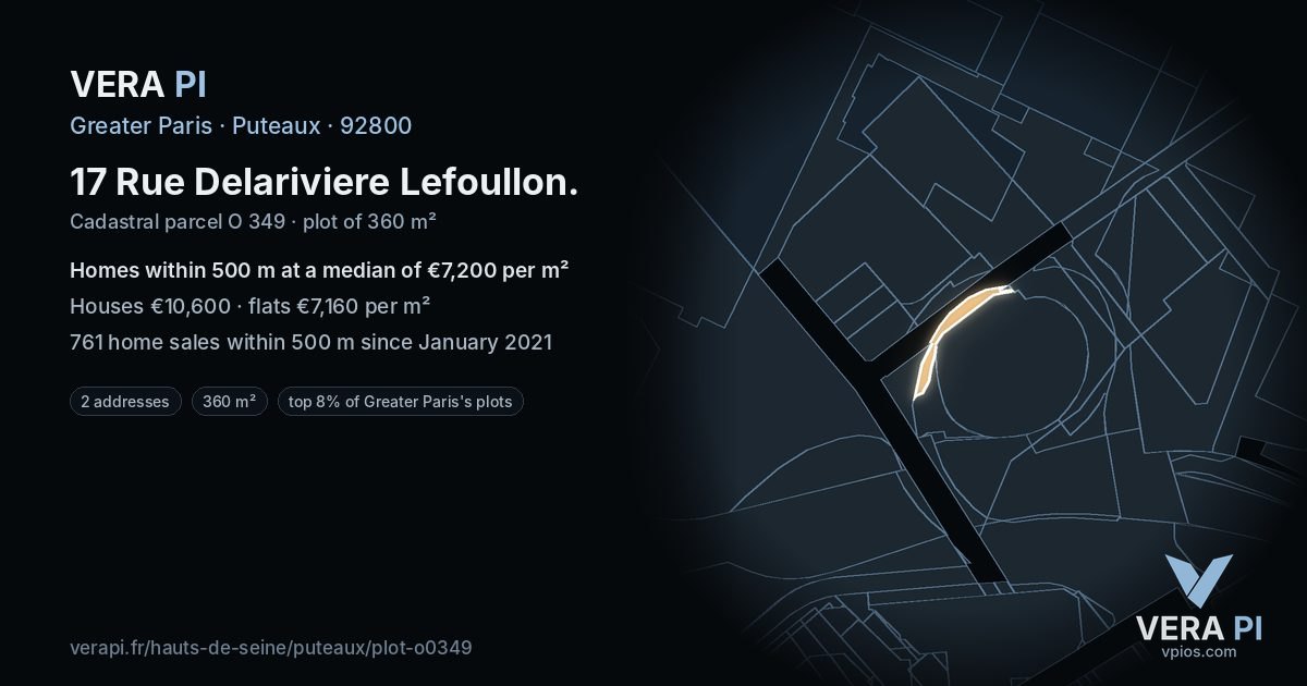 17 Rue Delariviere Lefoullon, Puteaux at night – the plot lit, the parcels around coloured by the prices near them