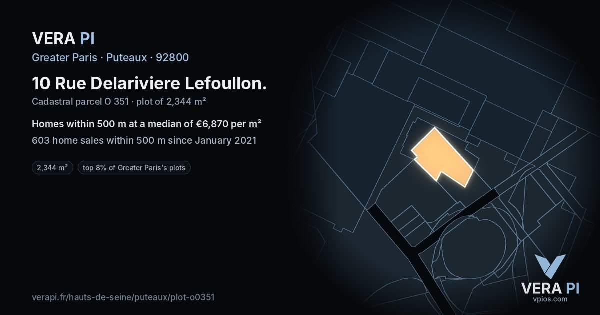 10 Rue Delariviere Lefoullon, Puteaux at night – the plot lit, the parcels around coloured by the prices near them