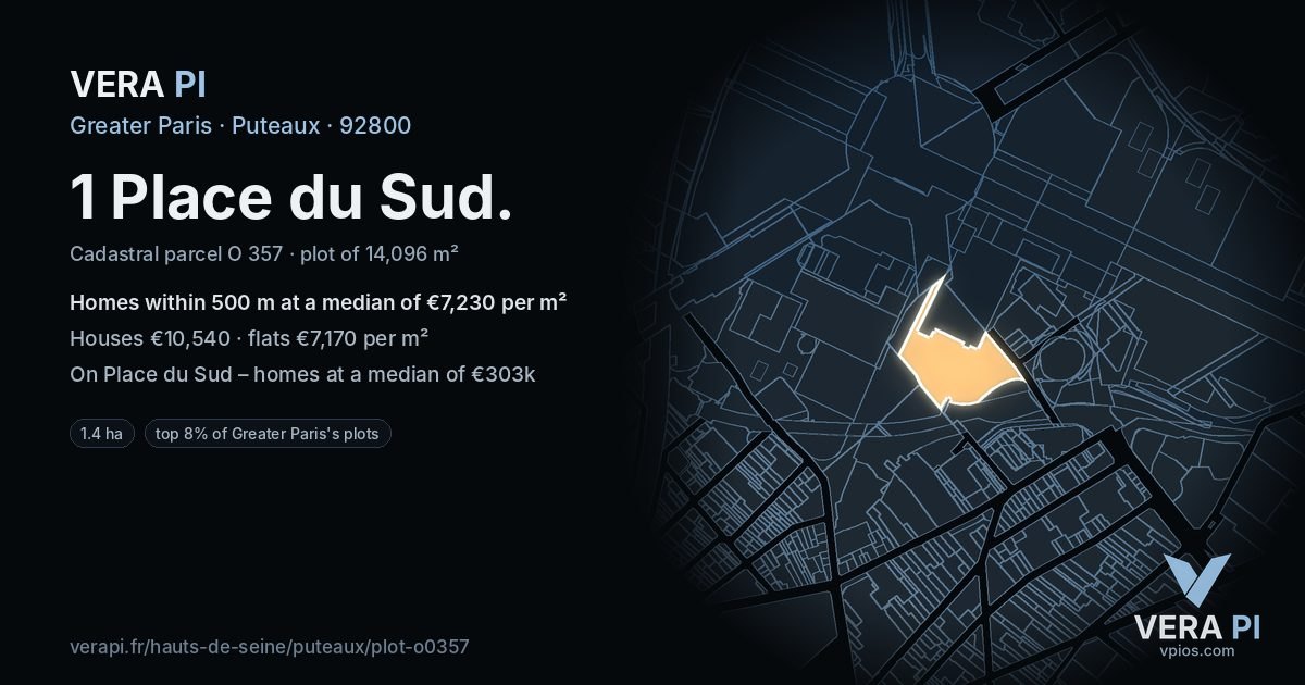 1 Place du Sud, Puteaux at night – the plot lit, the parcels around coloured by the prices near them