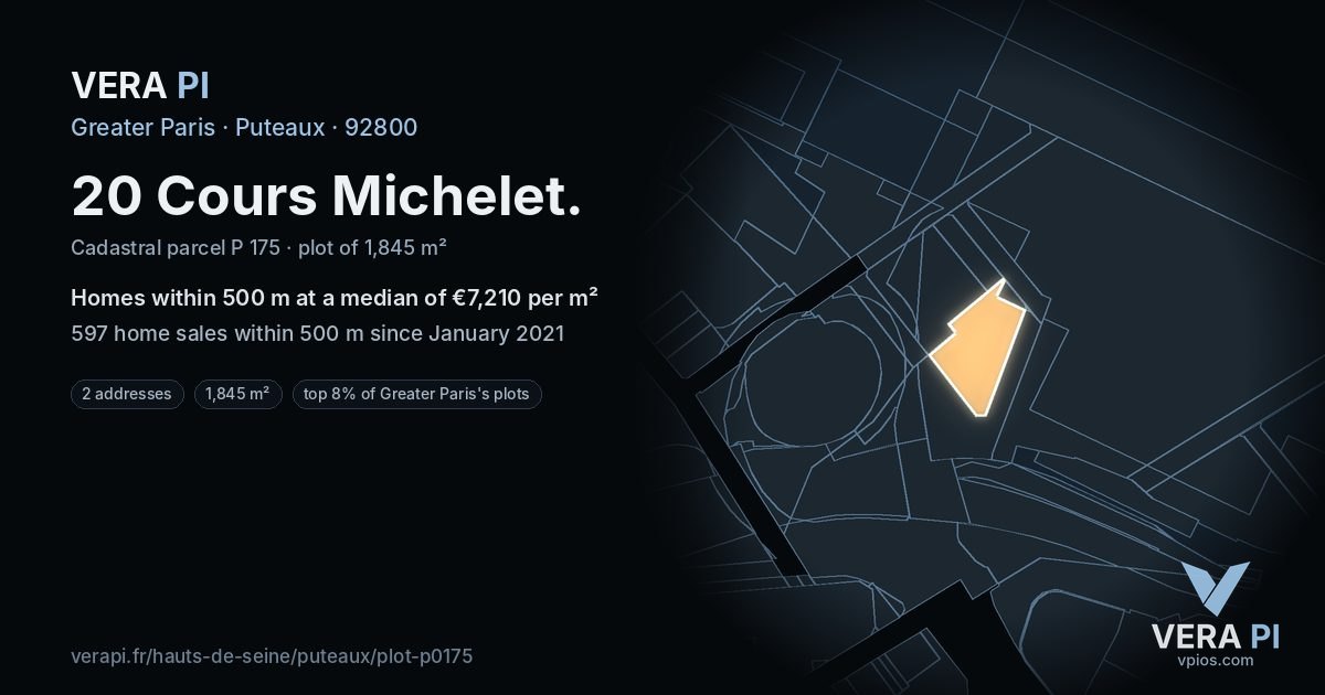 20 Cours Michelet, Puteaux at night – the plot lit, the parcels around coloured by the prices near them