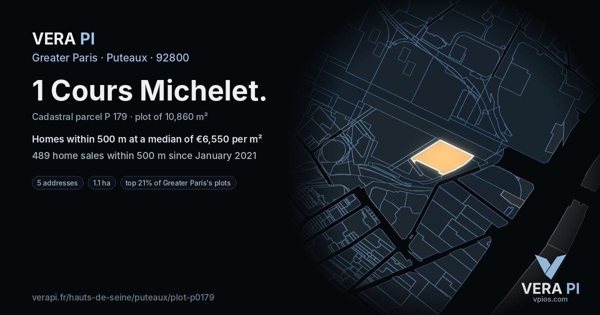 1 Cours Michelet, Puteaux at night – the plot lit, the parcels around coloured by the prices near them