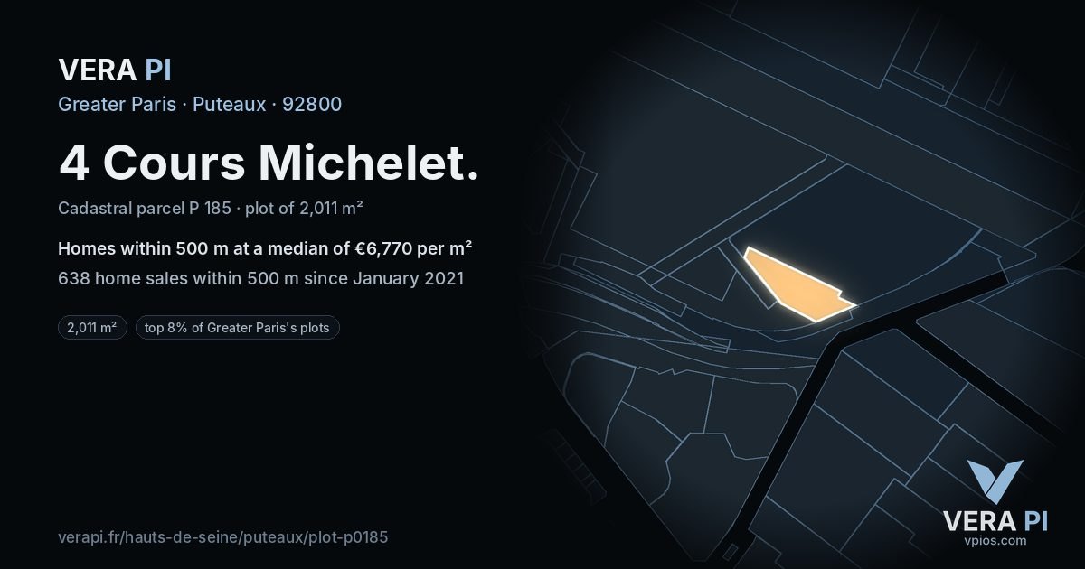 4 Cours Michelet, Puteaux at night – the plot lit, the parcels around coloured by the prices near them