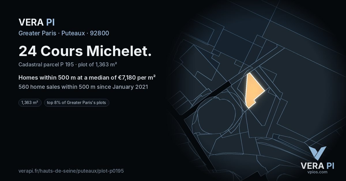 24 Cours Michelet, Puteaux at night – the plot lit, the parcels around coloured by the prices near them