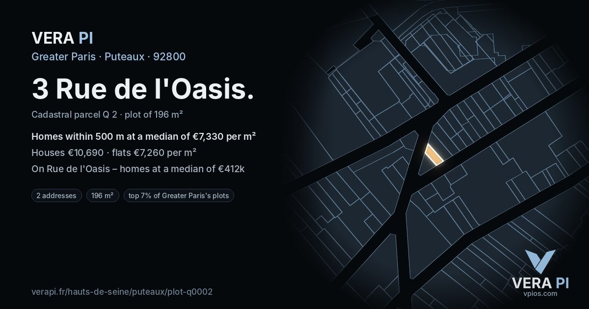 3 Rue de l'Oasis, Puteaux at night – the plot lit, the parcels around coloured by the prices near them