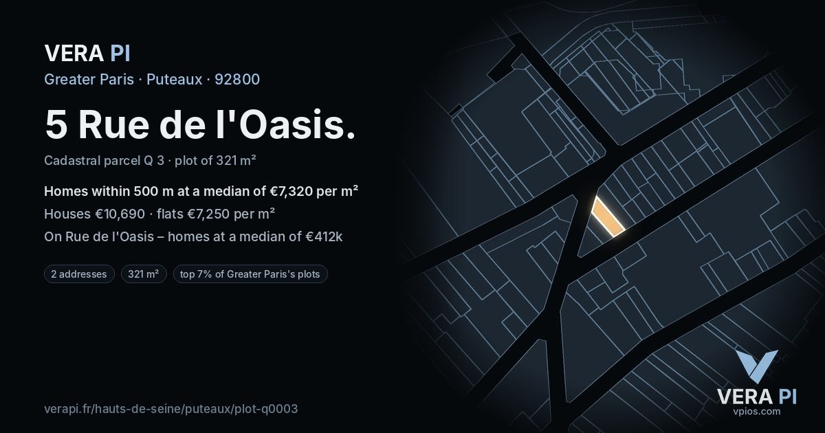 5 Rue de l'Oasis, Puteaux at night – the plot lit, the parcels around coloured by the prices near them