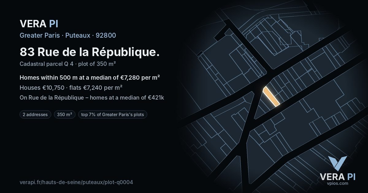 83 Rue de la République, Puteaux at night – the plot lit, the parcels around coloured by the prices near them