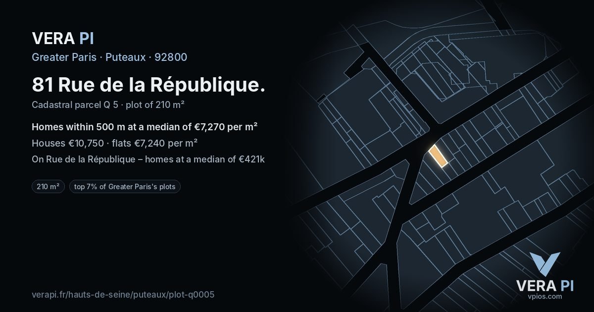 81 Rue de la République, Puteaux at night – the plot lit, the parcels around coloured by the prices near them