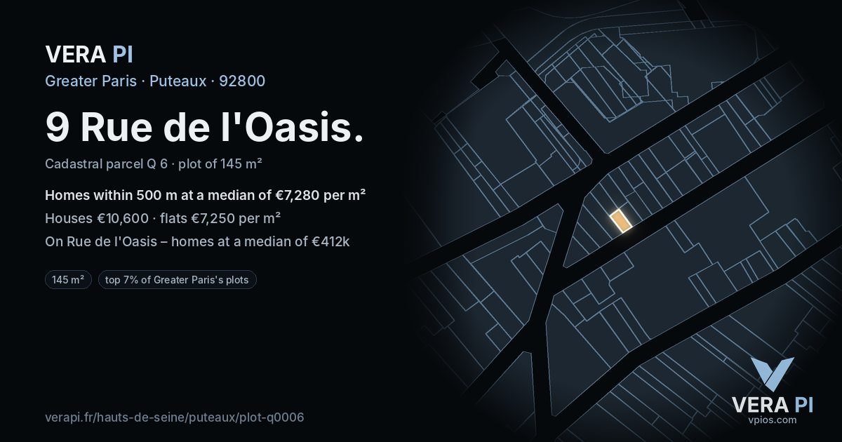 9 Rue de l'Oasis, Puteaux at night – the plot lit, the parcels around coloured by the prices near them