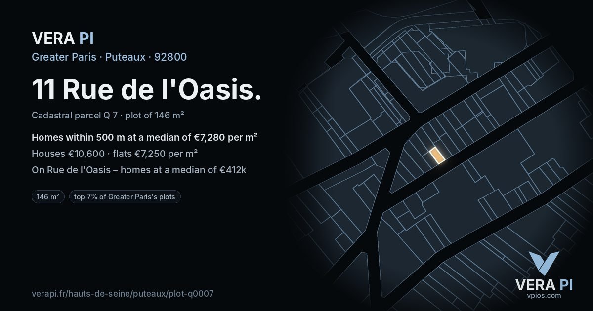 11 Rue de l'Oasis, Puteaux at night – the plot lit, the parcels around coloured by the prices near them
