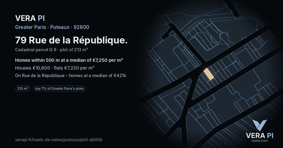 79 Rue de la République, Puteaux at night – the plot lit, the parcels around coloured by the prices near them