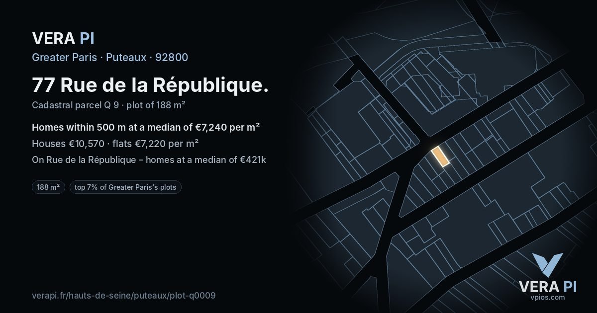 77 Rue de la République, Puteaux at night – the plot lit, the parcels around coloured by the prices near them