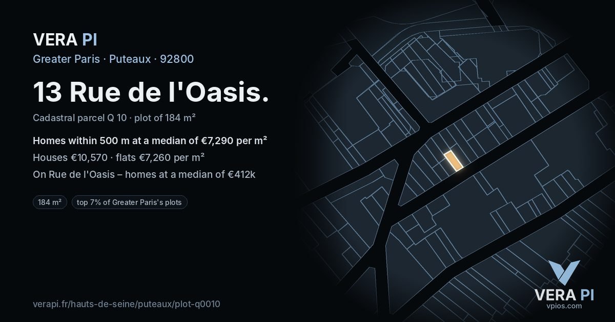 13 Rue de l'Oasis, Puteaux at night – the plot lit, the parcels around coloured by the prices near them