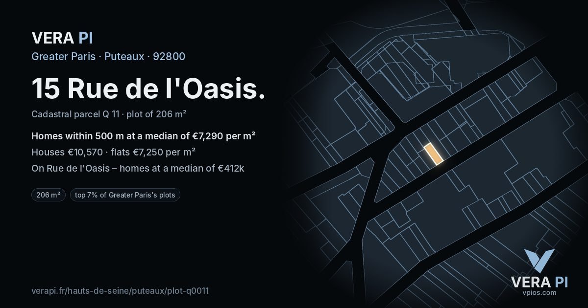 15 Rue de l'Oasis, Puteaux at night – the plot lit, the parcels around coloured by the prices near them