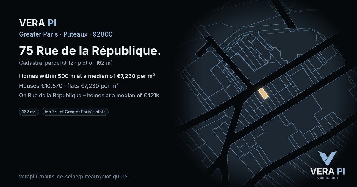 75 Rue de la République, Puteaux at night – the plot lit, the parcels around coloured by the prices near them