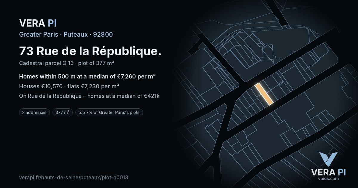 73 Rue de la République, Puteaux at night – the plot lit, the parcels around coloured by the prices near them