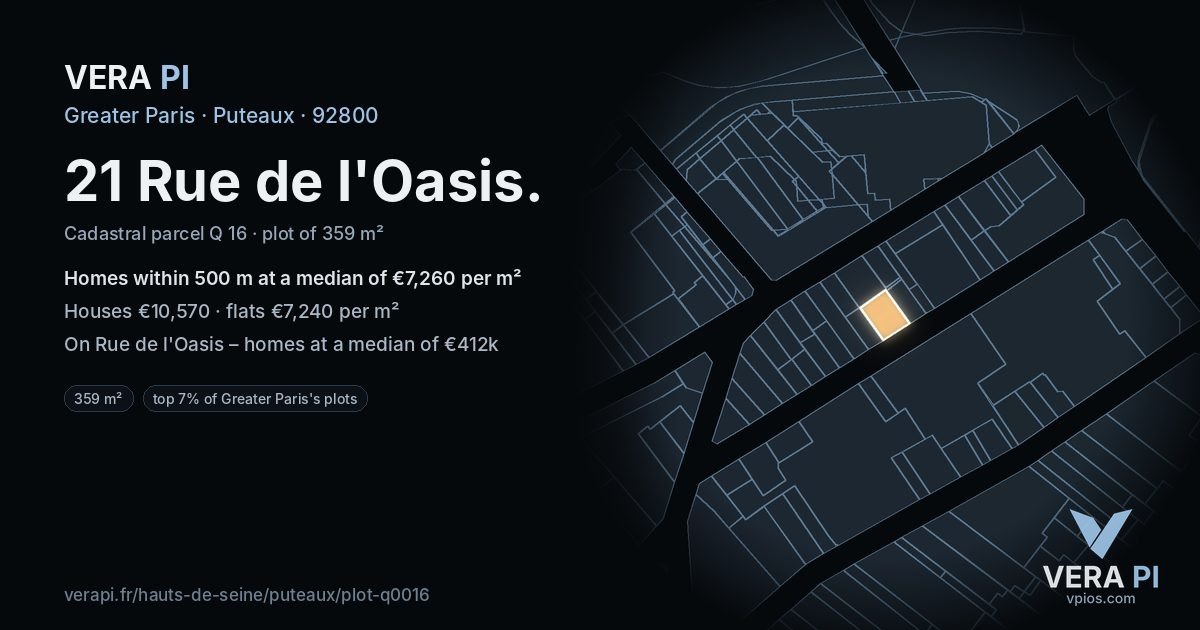 21 Rue de l'Oasis, Puteaux at night – the plot lit, the parcels around coloured by the prices near them