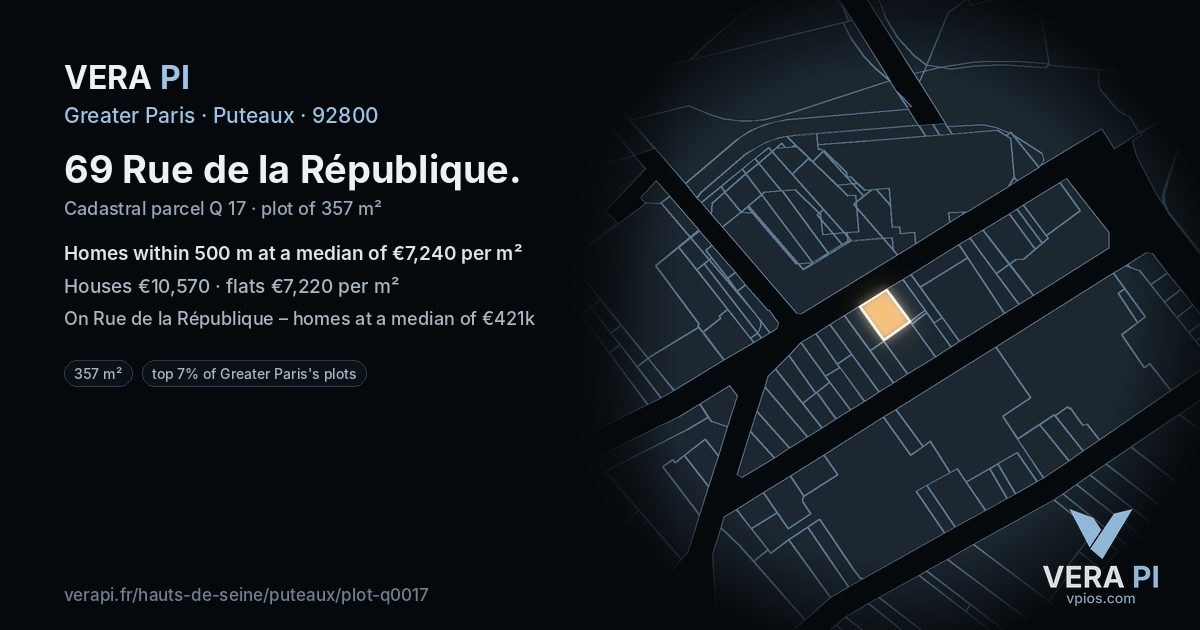 69 Rue de la République, Puteaux at night – the plot lit, the parcels around coloured by the prices near them