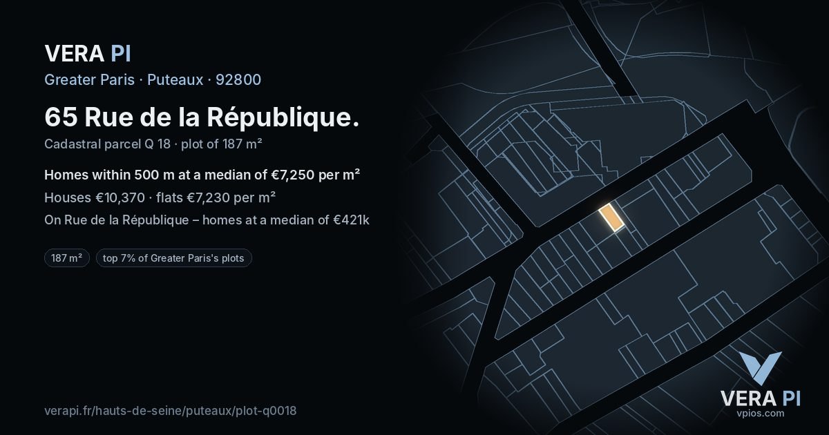 65 Rue de la République, Puteaux at night – the plot lit, the parcels around coloured by the prices near them