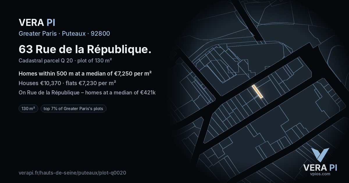 63 Rue de la République, Puteaux at night – the plot lit, the parcels around coloured by the prices near them