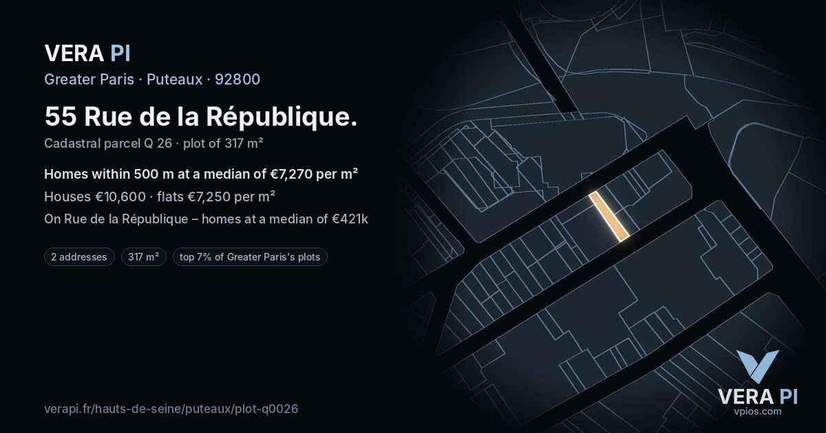 55 Rue de la République, Puteaux at night – the plot lit, the parcels around coloured by the prices near them