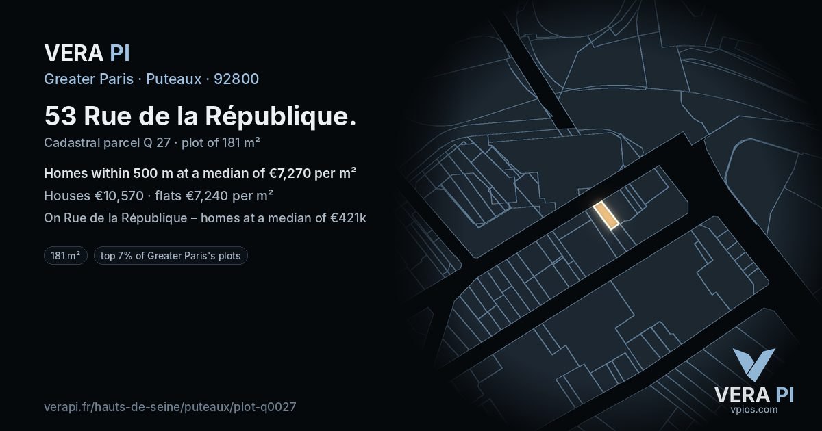 53 Rue de la République, Puteaux at night – the plot lit, the parcels around coloured by the prices near them