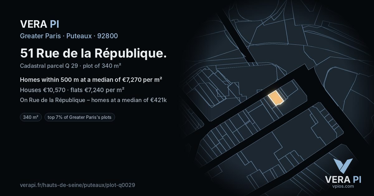 51 Rue de la République, Puteaux at night – the plot lit, the parcels around coloured by the prices near them