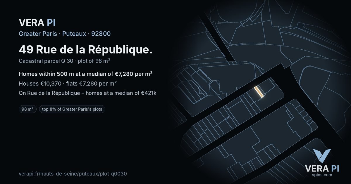 49 Rue de la République, Puteaux at night – the plot lit, the parcels around coloured by the prices near them