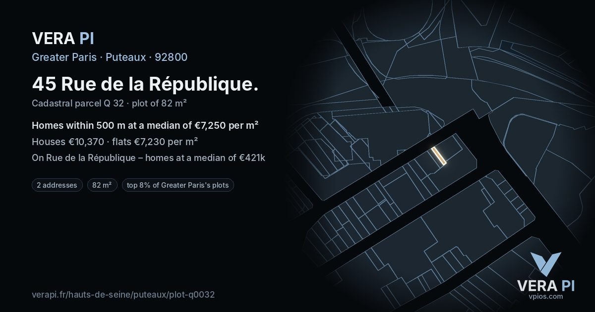 45 Rue de la République, Puteaux at night – the plot lit, the parcels around coloured by the prices near them
