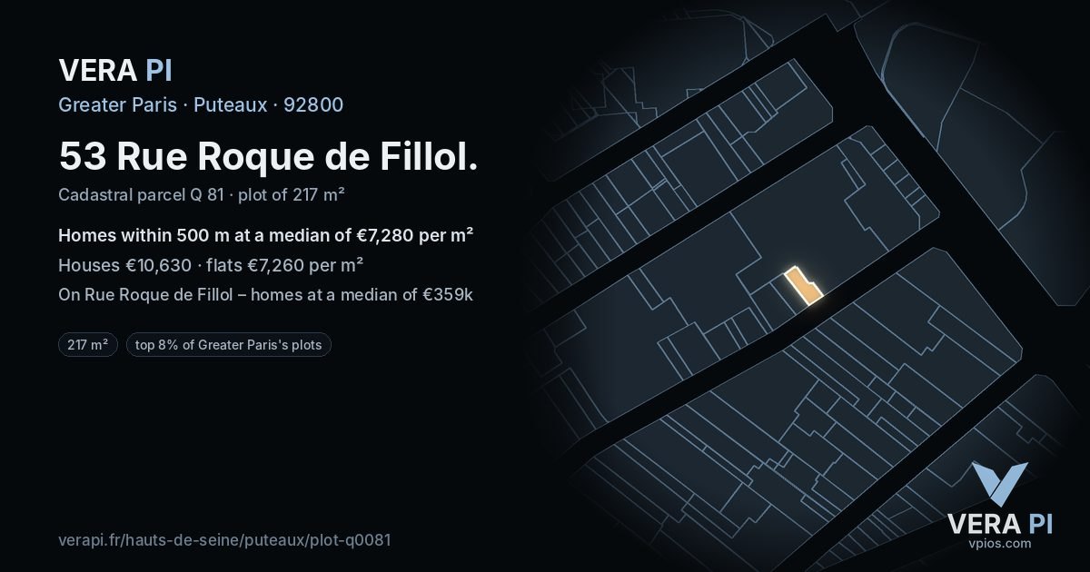 53 Rue Roque de Fillol, Puteaux at night – the plot lit, the parcels around coloured by the prices near them